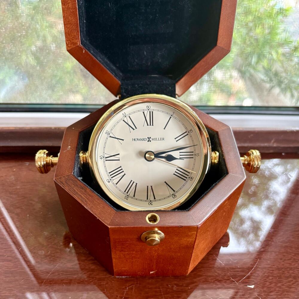 Vintage Howard Miller Hinged Wood Desk Clock Rotating Brass Roman Numeral
